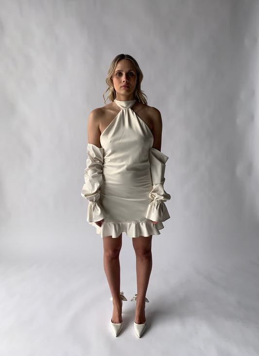 bias-cut halter mini dress