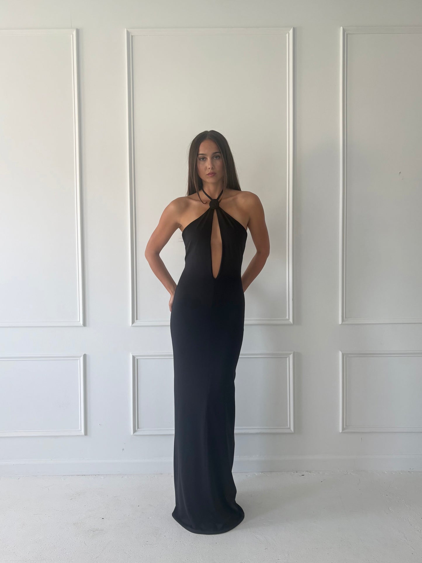 Rosette Keyhole Halter Gown