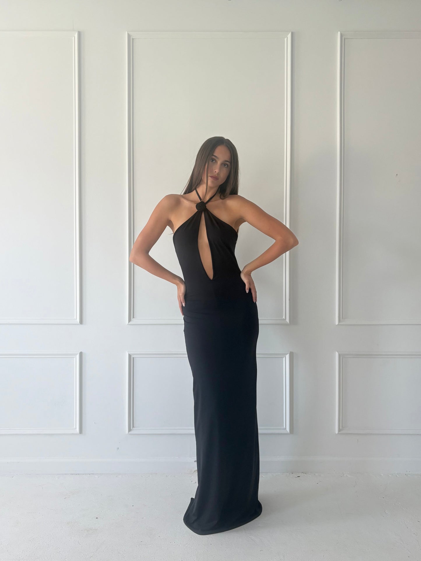 Rosette Keyhole Halter Gown
