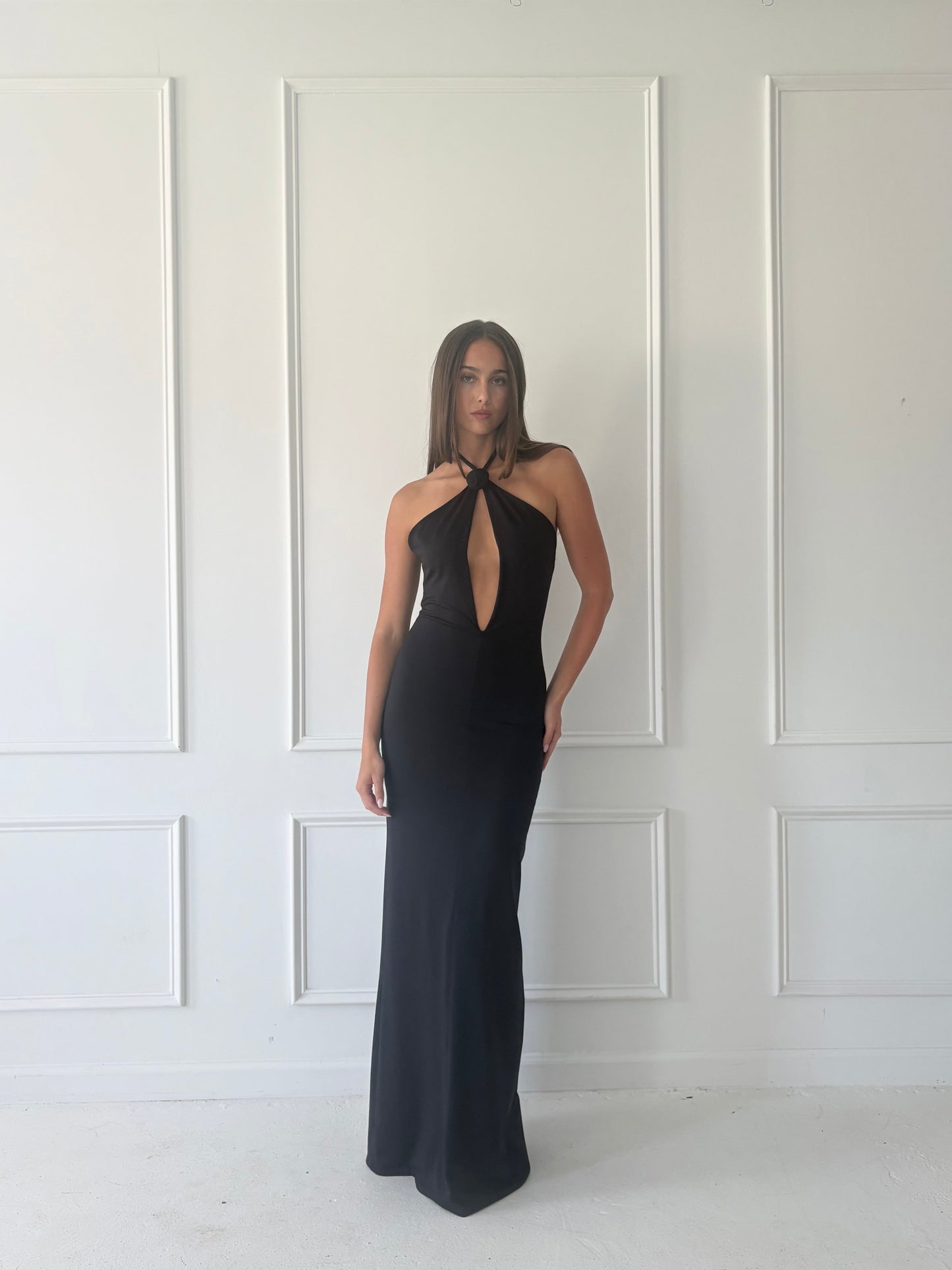 Rosette Keyhole Halter Gown