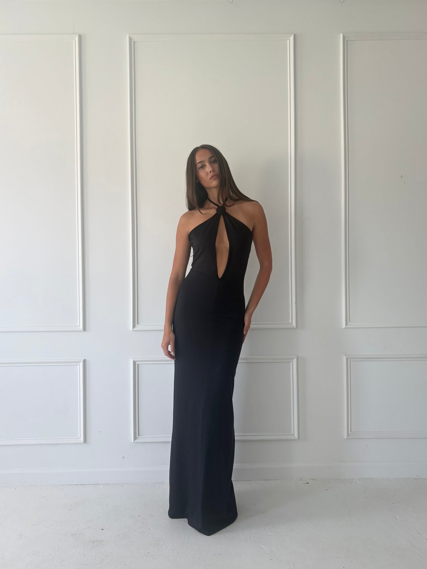 Rosette Keyhole Halter Gown