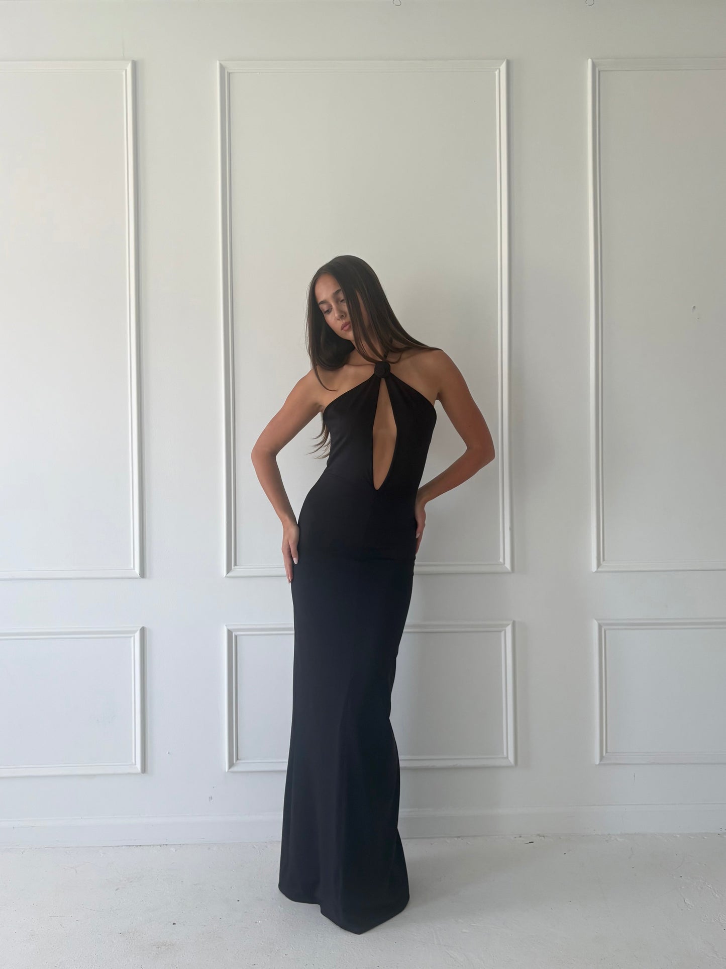 Rosette Keyhole Halter Gown